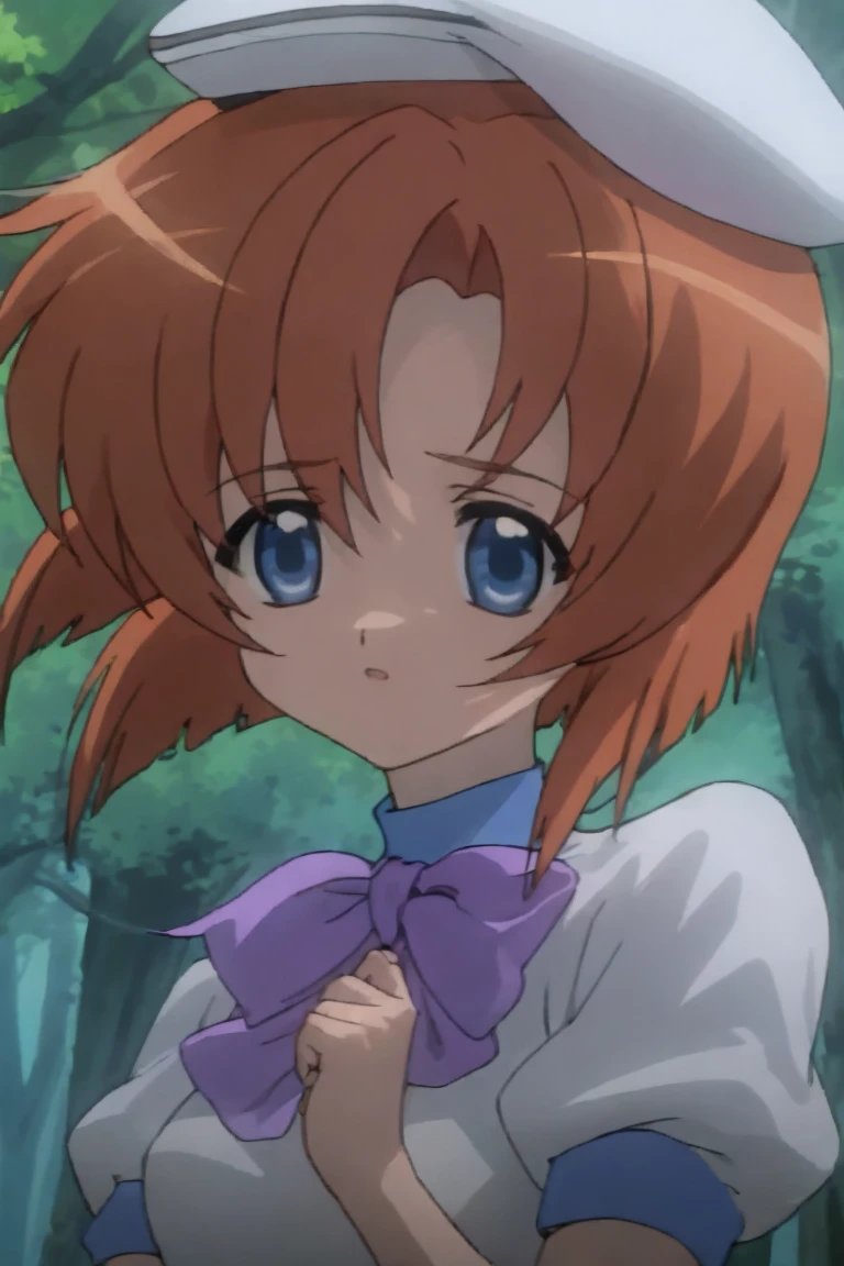 One girl，Beautiful views，(masterpiece、Highest quality)，Short Hair,Orange Hair，Blue wristband，Purple ribbon，，Short sleeve,White dress、White Beret，Blue eyes、slit、in the forest、、