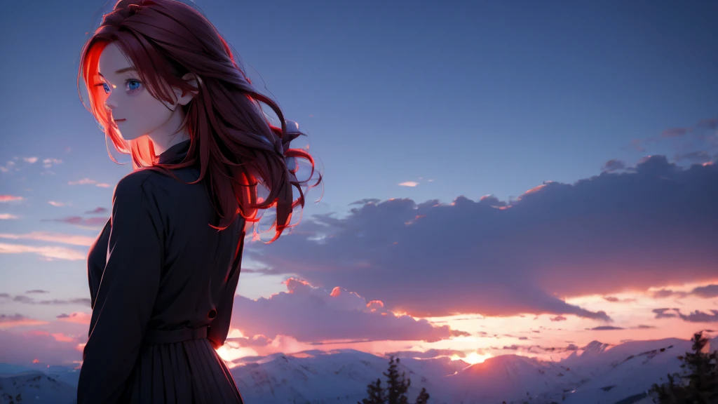 1 Girl , Girl medium light Red hair, light blue eyes, wearing black suit 4D, night town , 18+ , high res, ultrasharp, 8K, masterpiece, looking from behind
