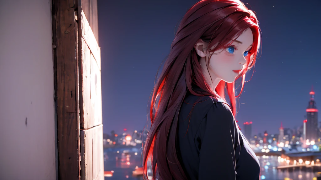 1 Girl , Girl medium light Red hair, light blue eyes, wearing black suit 4D, night town , 18+ , high res, ultrasharp, 8K, masterpiece, looking from behind