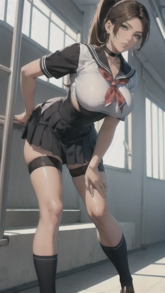 ((Correct Anatomy)),(Detailed image quality),(Female )、((school uniform))、((Sailor suit))、(Mini Pleated Skirt),(((Black Stockings))),((School Uniform)),((standing)),Ultra-high resolution,Mature Woman, Mature Woman, Very detailed,Sunburned skin,Brown Skin,((Beautiful legs)), (Big Breasts),((Beautiful feet)),Perfect hands, Detailed fingers, Beautiful details, ((Long, long hair)),((ponytail)),Black Choker, Earrings,loafers,Perfect Eyes, Captivating eyes,(School stairs)