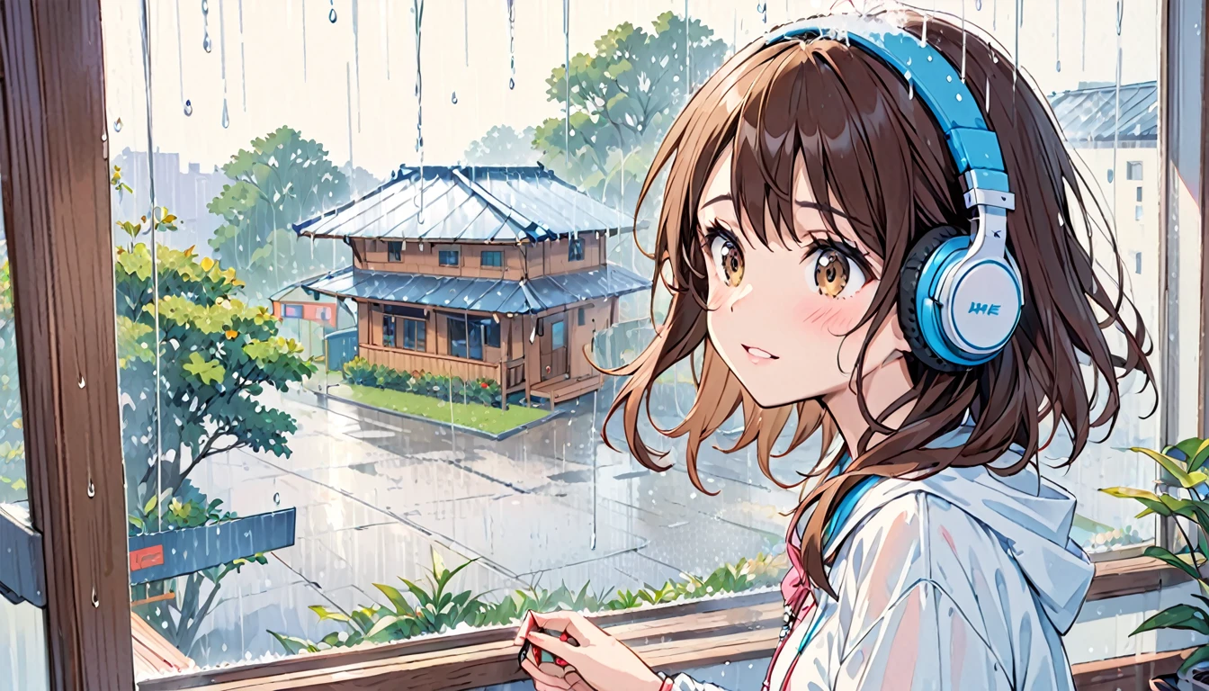 Girl wearing headphones,Brown Hair,One girl,rainy day,fun,bright,The girl under the roof is not getting wet from the rain