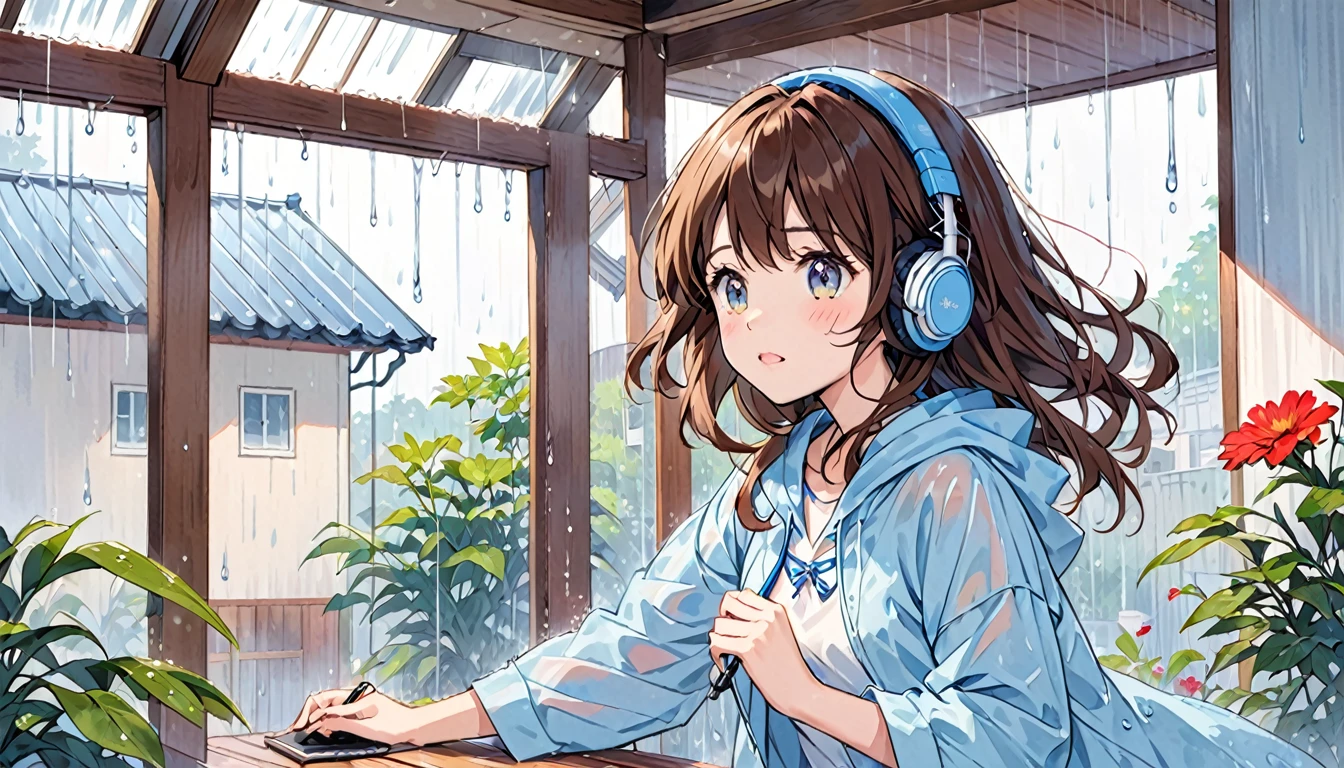 Girl wearing headphones,Brown Hair,One girl,rainy day,fun,bright,The girl under the roof is not getting wet from the rain