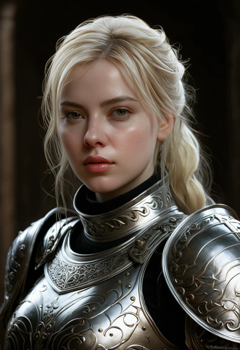 a woman with a beautiful face, white skin, blonde hair in armor, perfect composition, beautiful detailed intricate insanely detailed octane render trending on artstation, 8 k artistic photography, photorealistic concept art, soft natural volumetric cinematic perfect light, chiaroscuro, award - winning photograph, masterpiece, oil on canvas, raphael, caravaggio, greg rutkowski, beeple, beksinski, giger