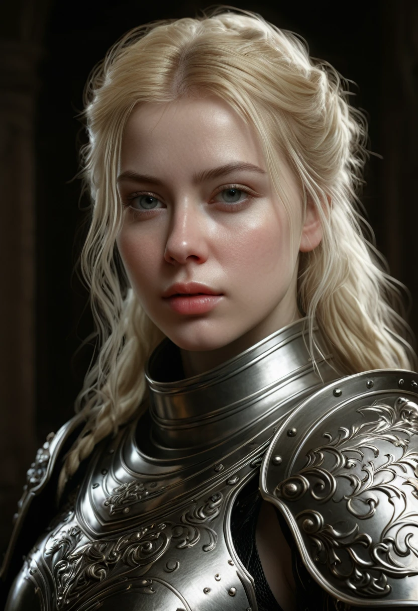 a  woman with a beautiful face, white skin, blonde hair in armor, perfect composition, beautiful detailed intricate insanely detailed octane render trending on artstation, 8 k artistic photography, photorealistic concept art, soft natural volumetric cinematic perfect light, chiaroscuro, award - winning photograph, masterpiece, oil on canvas, raphael, caravaggio, greg rutkowski, beeple, beksinski, giger