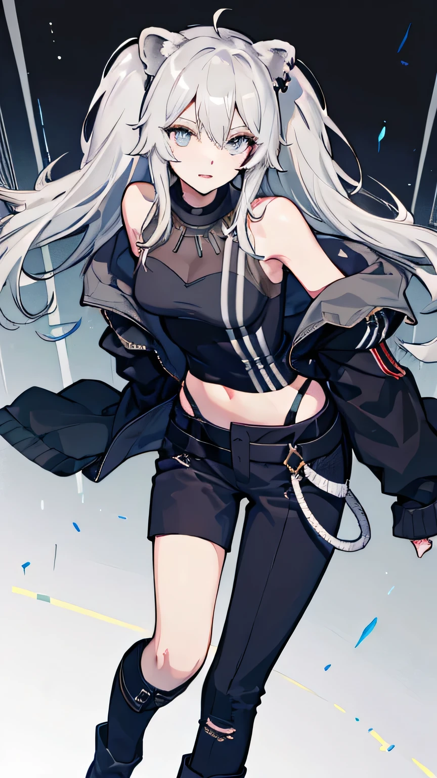 masterpiece, Facial details, Very detailed, 8K, Modern Style, ((One young man)), woman, Black jacket, Black trousers, black boots, White Background, joy, lion ears, gray hear, sleeves past wrists, grey eyes,