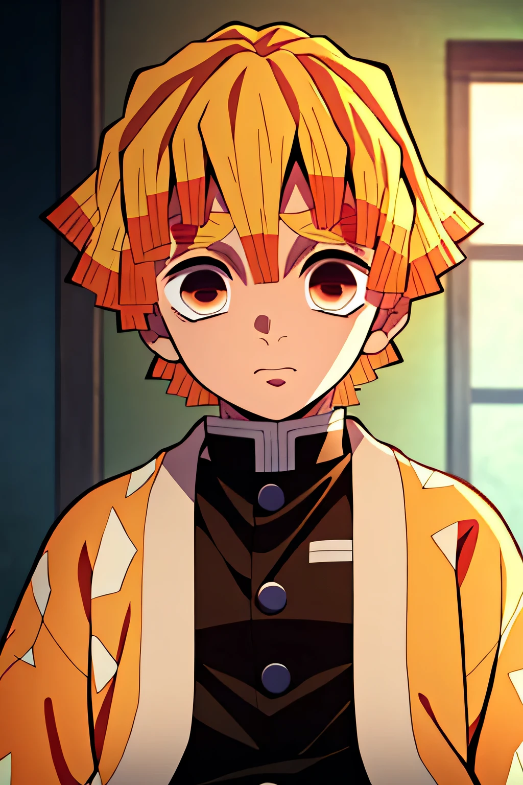 masterpiece, best quality, high quality, 1boy, solo, male focus, looking at viewer, upper body, agatsuma_zenitsu, blonde hair,
