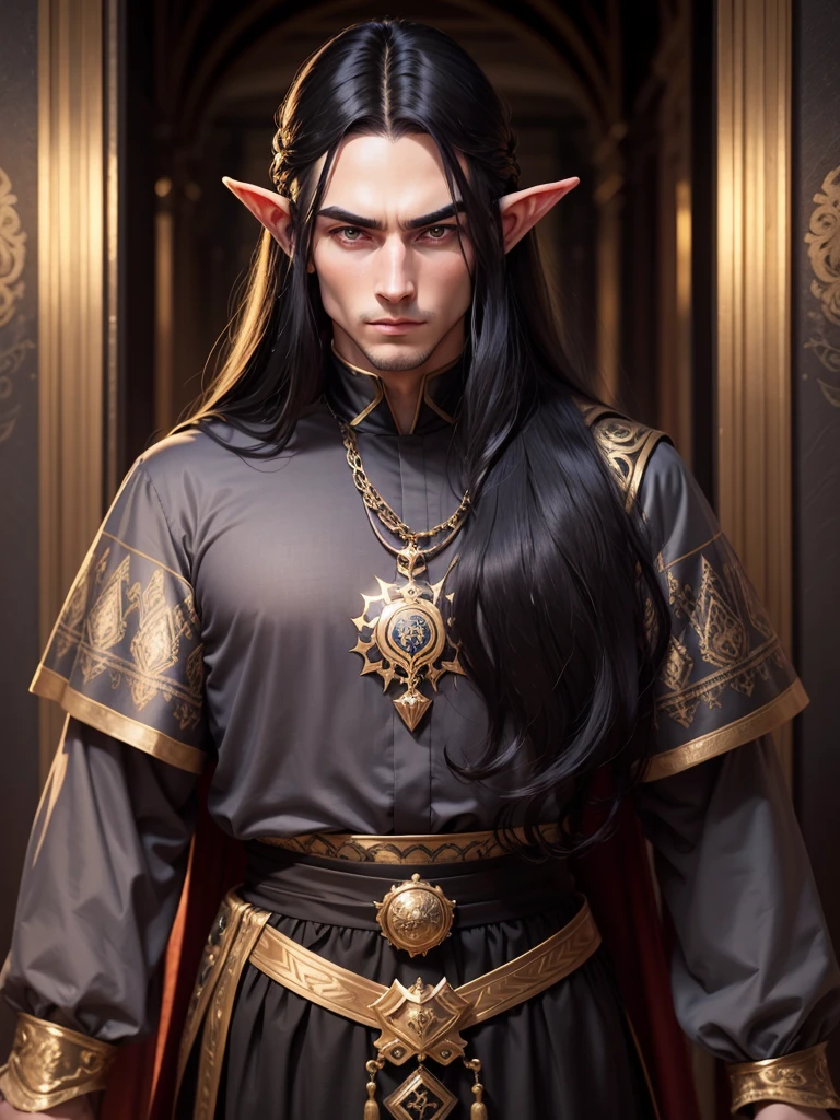 male elf, 30 year old, long black hair, beautiful face, rosto liso, symmetrical chin, serious expression, muscled body, silk clothing, crown on head, Royal Palace.
