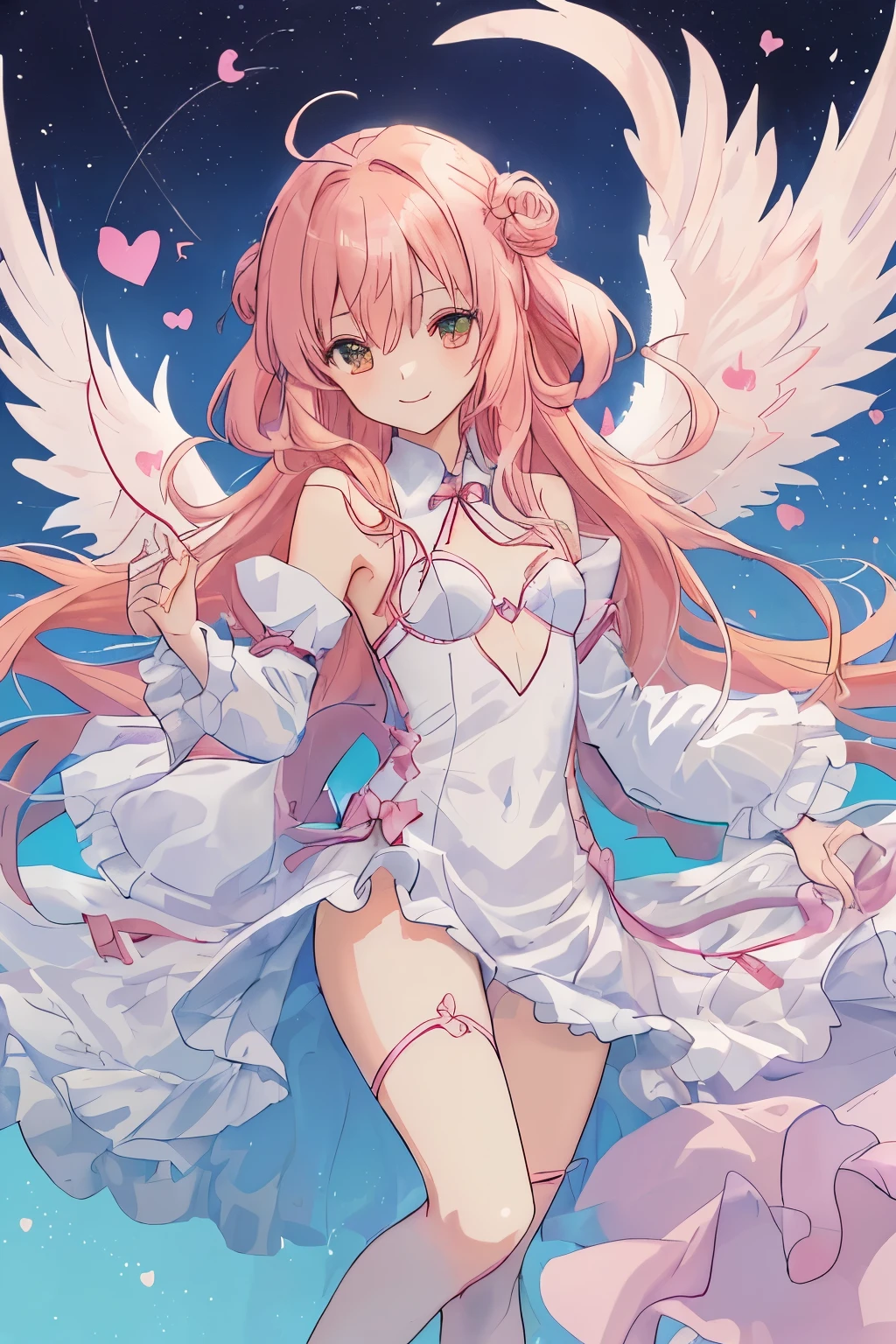 1_girl, (anime, kawai:2), (masterpeice, best_quality, simple, cute, dreamy, vibrant, clean:1.5), (cute, cute_smile, young:1.8), (delicate, beautiful, thin:1.5), (girlfriend, angel:1.6), (green_eyes, simple_eyes:1.5) (long_hair, blond_hair, wearing_pink_dress, pink_angel_wings, sexy_gloves:1.5), extremely_delicate, (love_magic:1.5), (age_size_fits_body), (small_thighs:1.3), (breasts), (eye_level:1.3), (heart_magic, love:1.5), 