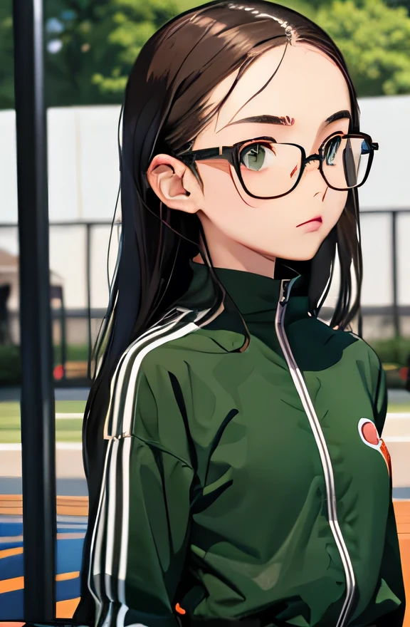 Highest quality、Realistic、Japanese、girl、look up、cute、Moss green eyes、Long Hair、Glasses、Chestnut Hair、Back to all、The forehead is protruding、playground、Gym suit、Arms crossed、Pouting、Sweat、thin、Small breasts、Bust Shot