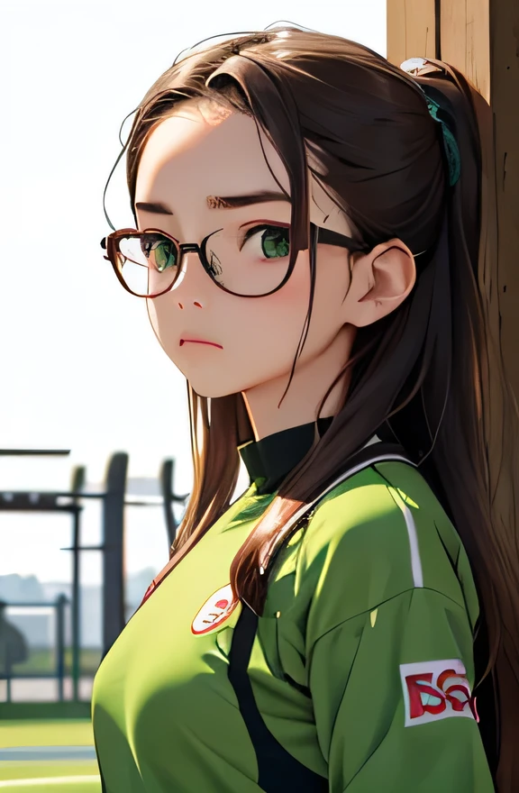 Highest quality、Realistic、Japanese、girl、look up、cute、Moss green eyes、Long Hair、Glasses、Chestnut Hair、Back to all、The forehead is protruding、playground、Gym suit、Arms crossed、Pouting、Sweat、thin、Small breasts、Bust Shot