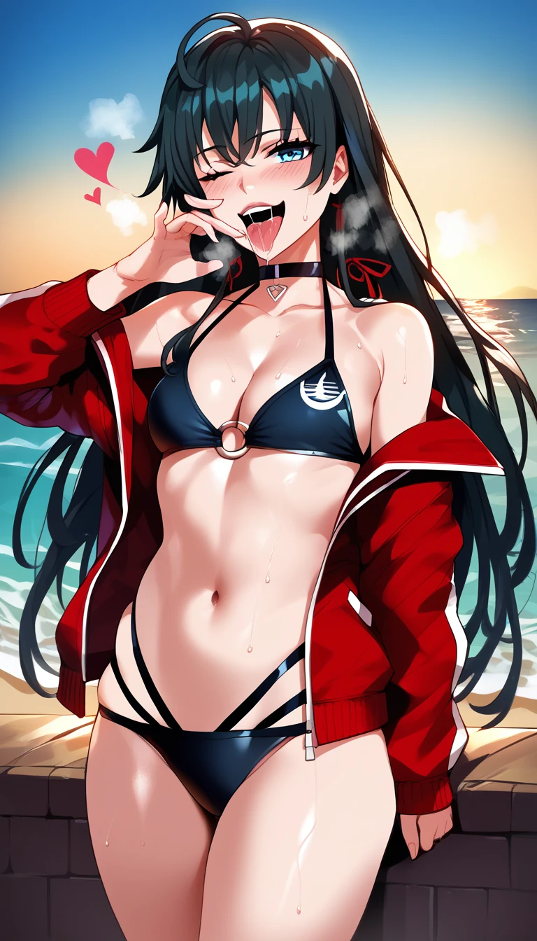 core_9, score_8_up, score_7_up, score_6_up, uncensored, Yukinoshita Yukino, black hair, long hair, blue eyes, naughty face, shiny skin, sweating, BREAK (masterpiece:1.2), best quality, high resolution, unity 8k wallpaper, (illustration:0.8), (detailed eyes:1.3), perfect lighting, extremely detailed CG, (perfect hands, perfect anatomy), hearts, pleasured, small breasts, belly, swimsuit, jacket, red_jacket, bikini, o-ring, sky, choker, thigh_gap, outdoors, day, collarbone, multi-strapped_bikini, bare_shoulders, open_jacket, off_shoulder, cowboy_shot, black_choker, ocean, night, cleavage, skindentation, beach, track_jacket, steaming face, steaming, BREAK, standing, hand on hip, fellatio gesture, tongue out, saliva, gasping, heavy breathing, wink,