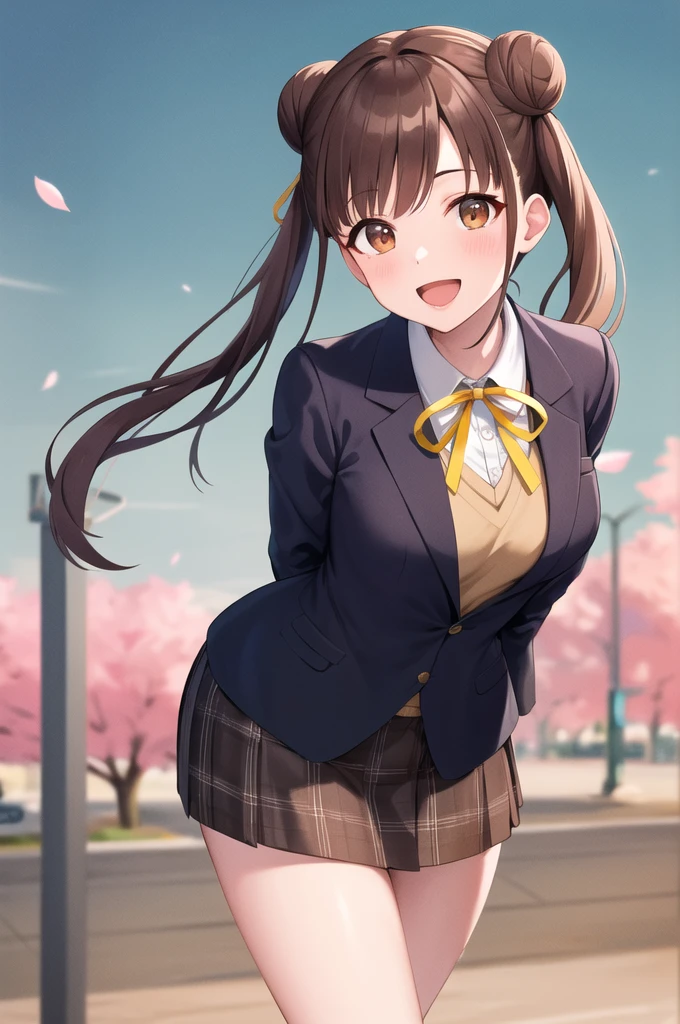 masterpiece, best quality, highres, aachiyoko, double bun, twintails, neck ribbon, yellow ribbon, collared shirt, sweater vest, blazer, black jacket, open clothes, long sleeves, plaid skirt, brown skirt, outdoor, cherry blossoms, smile, leaning forward, standing, cowboy shot, open mouth, arms behind back,