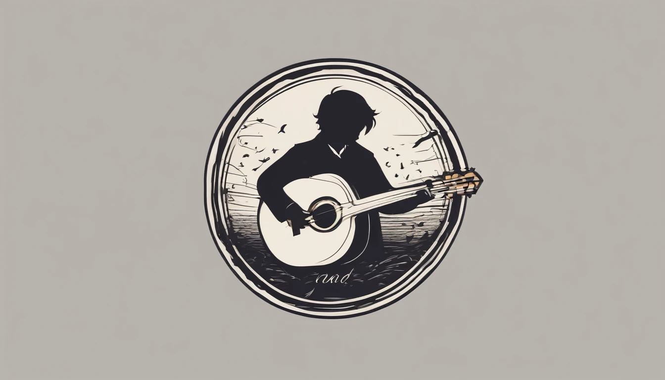 A minimal, modern, simple, cinematic logotype for the brand “Penamemoria". The logotype must be a simple, magical feather and a boy playing acoustic guitar. The logo must convey a sense of music, stories and dreams. Logo design impressed on a book cover. Minimalistic logo