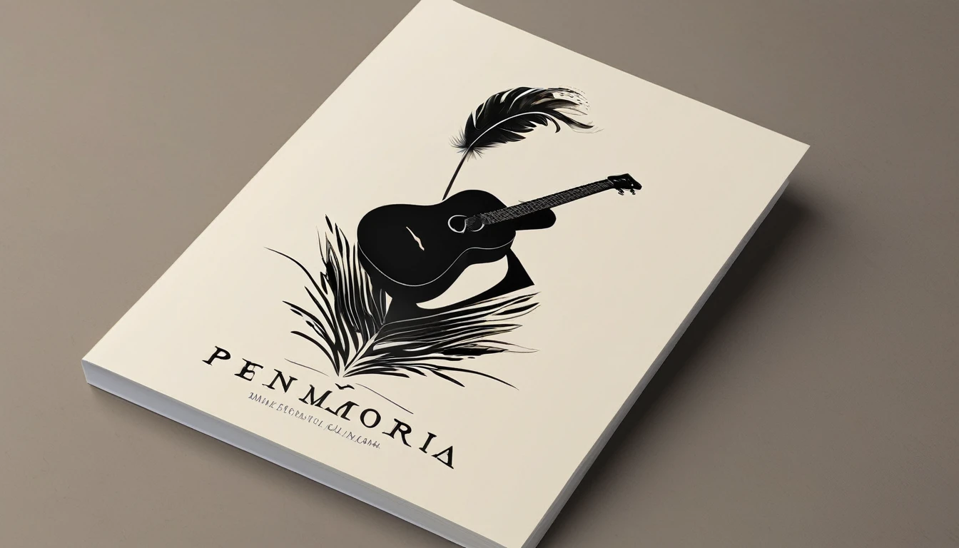 A minimal, modern, simple, cinematic logotype for the brand “Penamemoria". The logotype must be a simple, magical feather and a boy playing acoustic guitar. The logo must convey a sense of music, stories and dreams. Logo design impressed on a book cover. Minimalistic logo