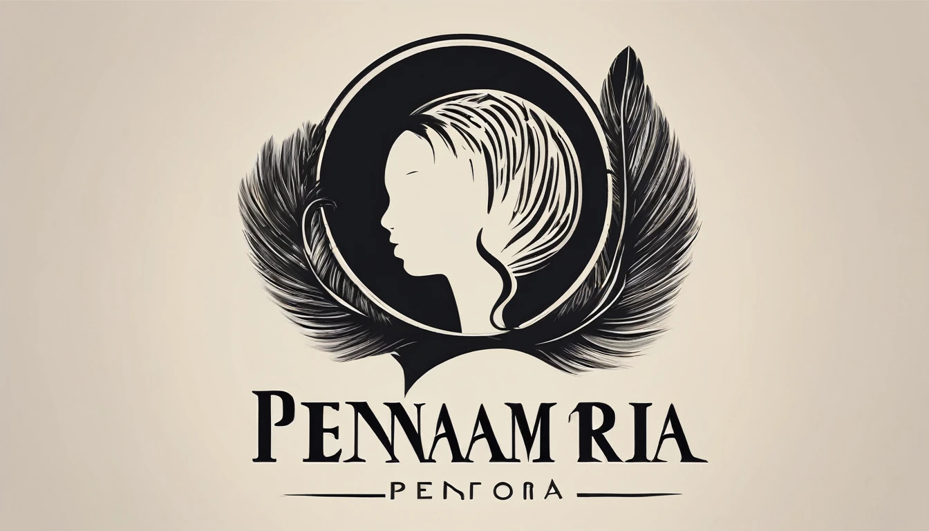 A minimal, modern, simple, cinematic logotype for the brand “Penamemoria". The logotype must be a simple, magical feather and a boy playing acoustic guitar. The logo must convey a sense of music, stories and dreams. Logo design impressed on a book cover. Minimalistic logo