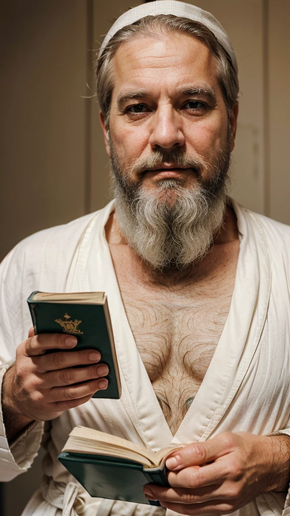 white skinned affectionate lively mature bearded robed face-facing man with koran in his hand looking straight at a real photo