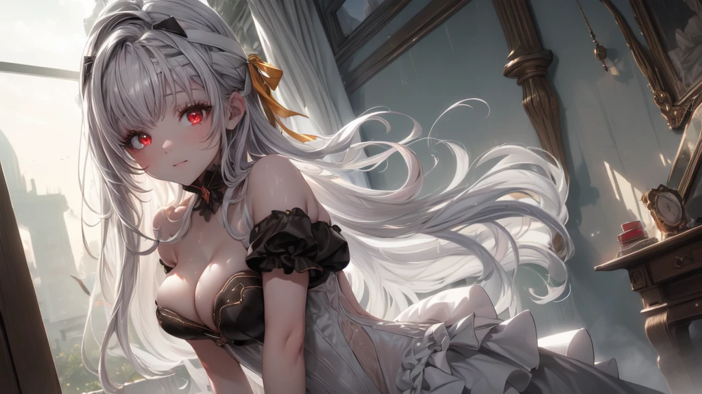 ((((Obra maestra, La mejor calidad, ultrahigh resolution)))), 1girl, standing, (cute maid costume), ((long pure silver hair and grey mesh hair, hair over eye)), long hair cut, pale skin, ((red eyes)), glowing_eyes, neon eyes, (ultra detailed eyes:0.7, beautiful and detailed face, detailed eyes:0.9), ((centered)), smile, ((wide shot)), facing viewer, ((vibrant background, bright lighting, summer, sunlight)), flat chested, looking at viewer, ((half closed eyes)), ((perfect hands)), (((head:1, arms, hips in view, elbows, arms, legs, in view))), ((hands behind back)), empty eyes, beautiful lighting, ((outside, outdoors)), defined subject, head tilt, (((gritty)), ((creepy)), ((cool)), ((beautiful)), (((SFW)))