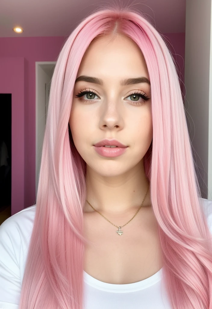 um close up de uma mulher com pink  hair e um top preto, pink  hair, pink straight hair, pink  hair claro, com pink  hair, pink  hair longo, long bubblegum hair, bubblegum hair, pastel pink skin tone, long flowing pink hair, pink  hair claro longo, pink  hair wispy, pink  hair claro com chamas cor-de-rosa, long hair with pastel colors, ava max
