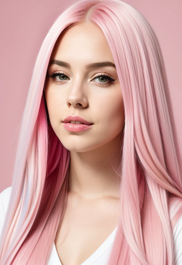 um close up de uma mulher com pink  hair e um top preto, pink  hair, pink straight hair, pink  hair claro, com pink  hair, pink  hair longo, long bubblegum hair, bubblegum hair, pastel pink skin tone, long flowing pink hair, pink  hair claro longo, pink  hair wispy, pink  hair claro com chamas cor-de-rosa, long hair with pastel colors, ava max