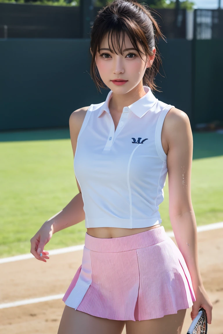 1 Girl, alone, White polo shirt, White sneakers, Pink tennis wear: 1.3, White mini skirt, masterpiece, Highest quality, Realistic, Hyper Detail, (Shiny skin, Sweaty: 1.4), Confused, Looking into the camera, Short black hair, Brown eyes, thin, Dynamic Lighting, High resolution, Sharp focus, Written boundary depth, fine grain, Sharp eyes, Realistic eyes, (big: 1.2), (Thick thighs: 1.0), Outdoor, null, Korean Idol, Nogizaka idol, idol carving, actress,