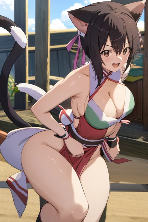 masterpiece, best quality, beautiful art, high resolution, well formed hands, body and fingers, 1 woman, solo, Lin Xiao Mei, grown up, cat ears and cat tail, cosplaying as Mai Shiranui , mai_shiranui_cosplay, adult, large and round breasted, cleavage full body, hair ribbon, gorgeous legs and, thighs, sexy Japanese clothes, hair ornament , sexy legs , hips and thighs, fighting in a combat match, showing her fighting skills, making her guard, about to hit the viewer, looking at the viewer, sweating, bouncing breasts, smiling joyfully and brightly, being confident and proud, action and fighting scene, fighting cage on beach environment