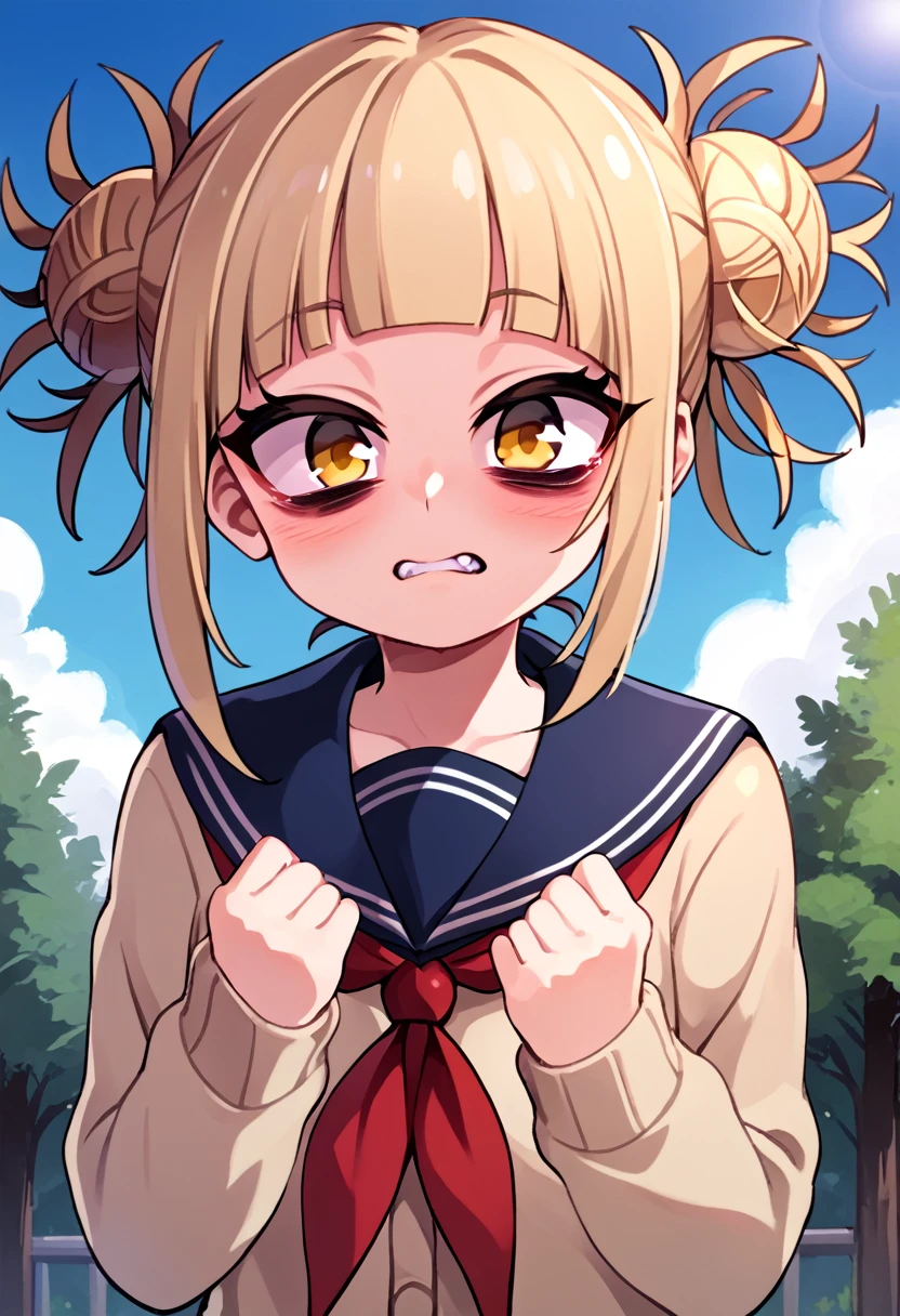 
score_9_up, score_8_up, score_7_up, source_anime,high resolution 
 Himiko Toga, 1girl, toga himiko, double bun, solo, hair bun, bangs, yellow eyes, sky, day, blonde hair, messy hair, looking at viewer, cloud, blush, blunt bangs, outdoors, blue sky, neckerchief, red neckerchief, school uniform, upper body, closed mouth, scarf, sidelocks, bags under eyes, sailor collar, teeth, serafuku, tree, frown, short hair, cardigan, 