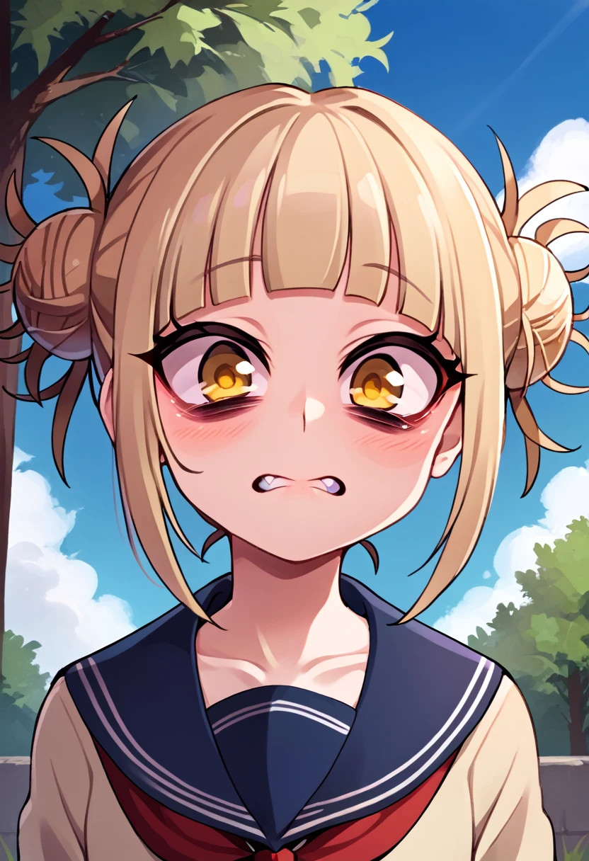 
score_9_up, score_8_up, score_7_up, source_anime,high resolution 
 Himiko Toga, 1girl, toga himiko, double bun, solo, hair bun, bangs, yellow eyes, sky, day, blonde hair, messy hair, looking at viewer, cloud, blush, blunt bangs, outdoors, blue sky, neckerchief, red neckerchief, school uniform, upper body, closed mouth, scarf, sidelocks, bags under eyes, sailor collar, teeth, serafuku, tree, frown, short hair, cardigan, 