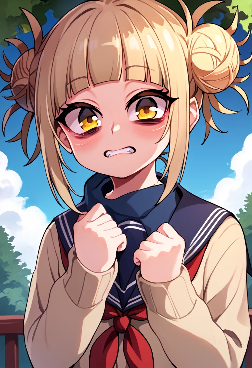 
score_9_up, score_8_up, score_7_up, source_anime,high resolution 
 Himiko Toga, 1girl, toga himiko, double bun, solo, hair bun, bangs, yellow eyes, sky, day, blonde hair, messy hair, looking at viewer, cloud, blush, blunt bangs, outdoors, blue sky, neckerchief, red neckerchief, school uniform, upper body, closed mouth, scarf, sidelocks, bags under eyes, sailor collar, teeth, serafuku, tree, frown, short hair, cardigan, 