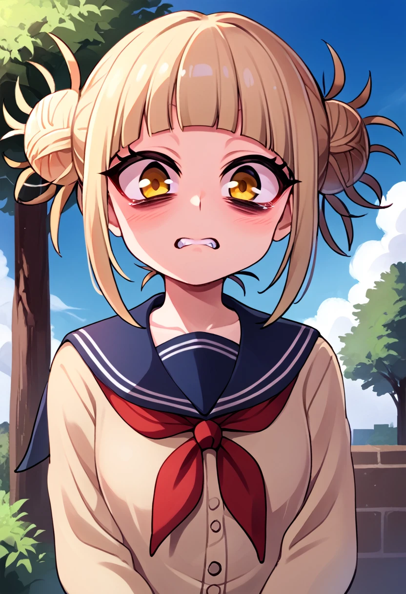 
score_9_up, score_8_up, score_7_up, source_anime,high resolution 
 Himiko Toga, 1girl, toga himiko, double bun, solo, hair bun, bangs, yellow eyes, sky, day, blonde hair, messy hair, looking at viewer, cloud, blush, blunt bangs, outdoors, blue sky, neckerchief, red neckerchief, school uniform, upper body, closed mouth, scarf, sidelocks, bags under eyes, sailor collar, teeth, serafuku, tree, frown, short hair, cardigan, 