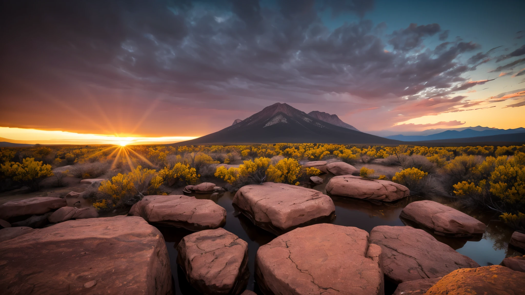 ground level photo within New Mexico Rocky Mountain Range, State Park, [perfect PM lighting conditions, with lots of reds orange yellow purples in the dusk sky] with a feeling of splendor and humility [after long hard rain with flowing water][spectacular large asteroid breaking into many pieces on reentry] [long exposure on wide format bellows camera] [rays of sunshine]  true film high dynamic range with infrared, award winning, legacy artwork, 8k [post-processing: adjust curves to "S", unsharp mask .25, dodge and burn, edge vignette]