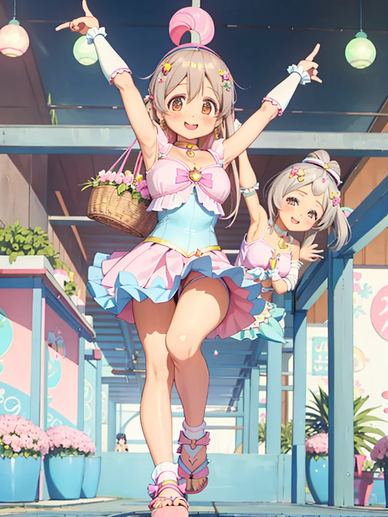 detailed background、highest quality、teenage beauty((3 people:1.5))、cute hairstyle、Japanese:1.5,huge breasts、smile、(very tight magical girl:1.4)、Choose tight magical girl clothes with floral patterns or pastel colors、Pair your feet with flat sandals or sneakers..、Add accents with a basket bag or headband、By incorporating spring-like bright colors and patterns,Creates a gorgeous and cute impression,(Armpit milk:35%),(Underboob:35%)