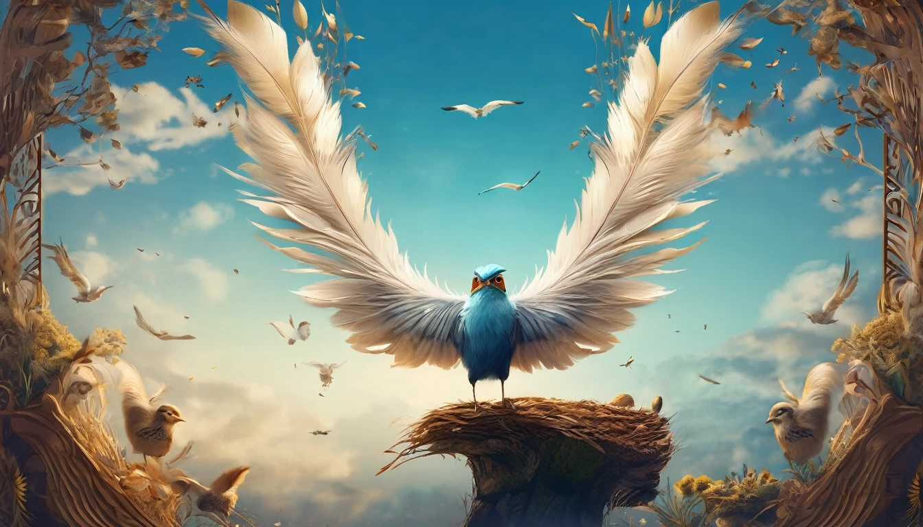 Create a professional, fantastic, cinematic Youtube Banner for a brand about music and stories called " Penamemoria". Masterpiece, 4k, sharp focus, highest quality,wide shot. The Background image is a world full of fantastic feathers, unique birds, light blue sky, soft white and touches of golden. Logo design of a half a boy, half a bird. Imagine the logo as a face symbol. Half is a boy, the other half is a bird feather