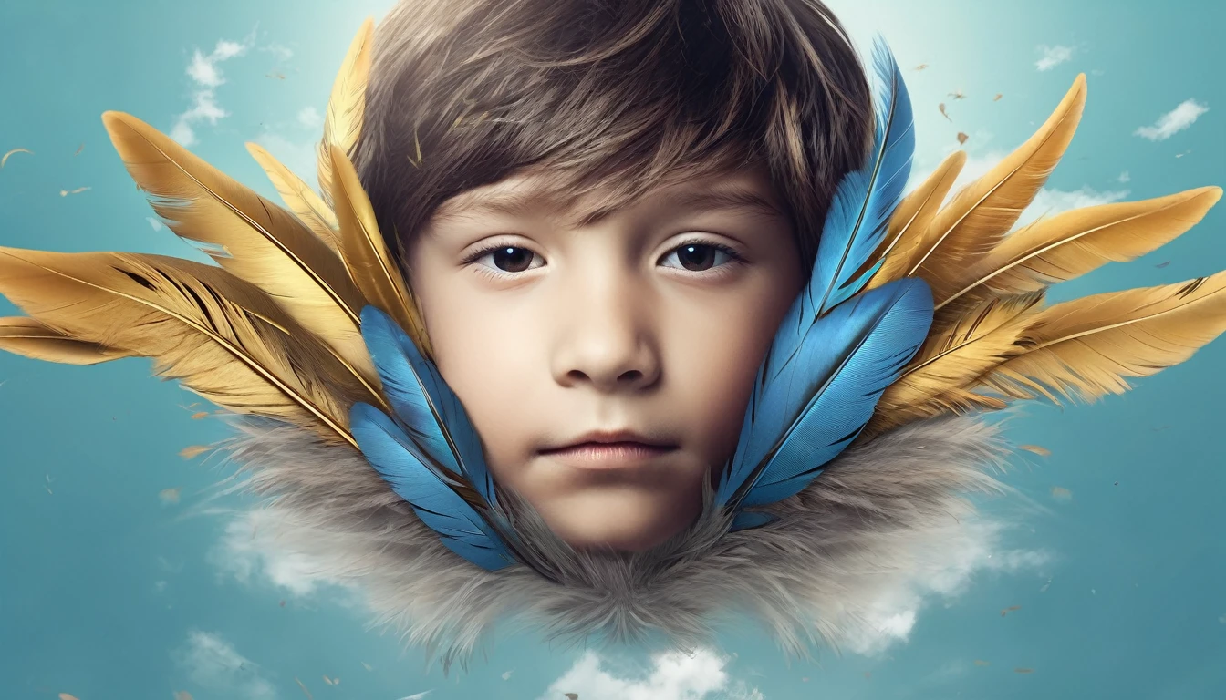Create a professional, fantastic, cinematic Youtube Banner for a brand about music and stories called " Penamemoria". Masterpiece, 4k, sharp focus, highest quality,wide shot. The Background image is a world full of fantastic feathers, unique birds, light blue sky, soft white and touches of golden. Logo design of a half a boy, half a bird. Imagine the logo as a face symbol. Half is a boy, the other half is a bird feather