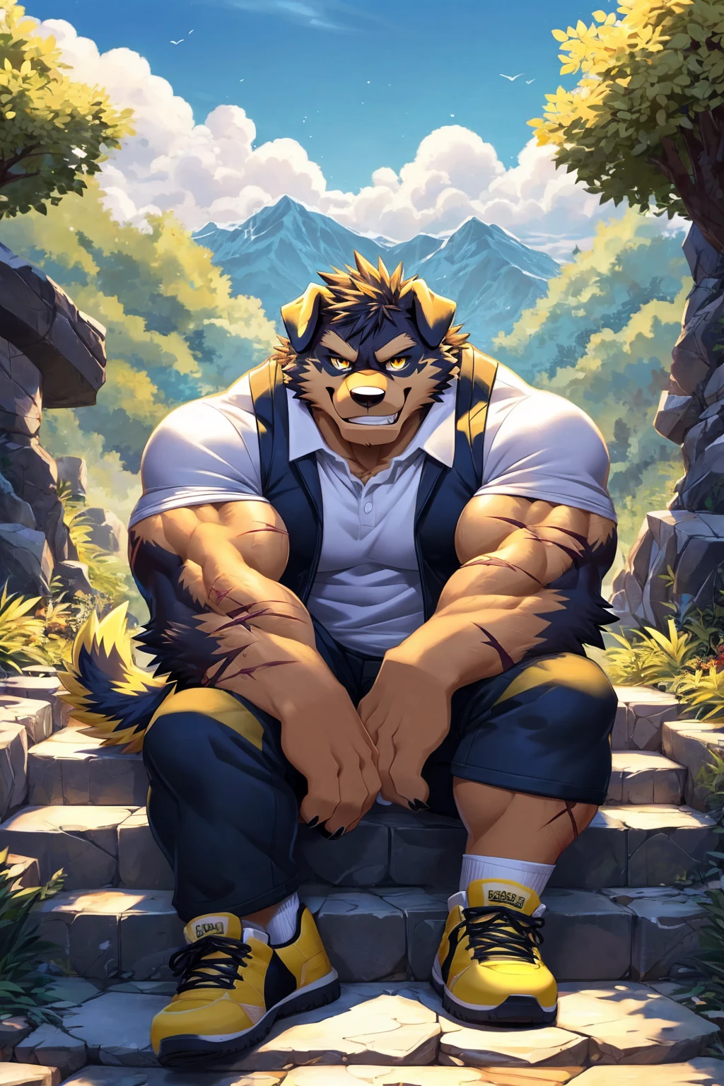 (sfw:1.5), male focus, Handsome 1boy, solitary,protrait photo, (White thick eyebrows:1.3), single, (Black nails, Black claws:1.4), yellow skin, Black hair, (black and yellow tail:1.4), (perfect golden eyes:1.4), (black and yellow body:1.3), (yellow chest:1.1), (black and yellow ears:1.4),
Tibetan Mastiff, feet, black Tibetan mastiff, dog, Tibetan mastiff boy, Tibetan mastiff body, (evil eyes, big eyes, large eyes:1.4), (Chubby, The body is huge, Larger face:1.3),
(White short-sleeved shirt, Black vest:1.4) , (Black trousers:1.4),(yellow short shoes:1.4), (White socks:1.2), (blue whistle:1.3), (Lots of scars, lots of scars, Lots of scars:1.3),
(full body:1.3), (Mature men:1.4), (Strong body, muscle,Strong male, muscle男:1.3), (Sitting, Sitting on the steps:1.4), (Looking at the audience, Focus, Eyes gaze:1.2), (evil smile, evil grin, Smirk:1.4),
full background, Faculty, roadside, Stone steps, Mountain, Blue sky, White Cloud, Trees, Sunlight, daytime,
Mysterious and romantic atmosphere, Caustic lines(refraction, polarization)Perfect anatomical structure, absurd, Detailed background, (Delicate eyes:1.3),Printing style。((artist:Takemoto Arashi))