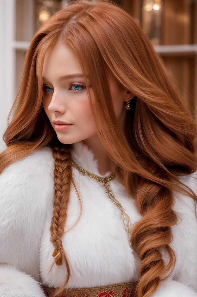 A gorgeous, pretty, shiny, kind-hearted, warm-hearted, sweet, polite, sensitive, friendly, charming, graceful, stylish, glamorous, classy, alluring, majestic, ethereal, angelical ginger long haired russian woman dressed in traditional winter costumes.