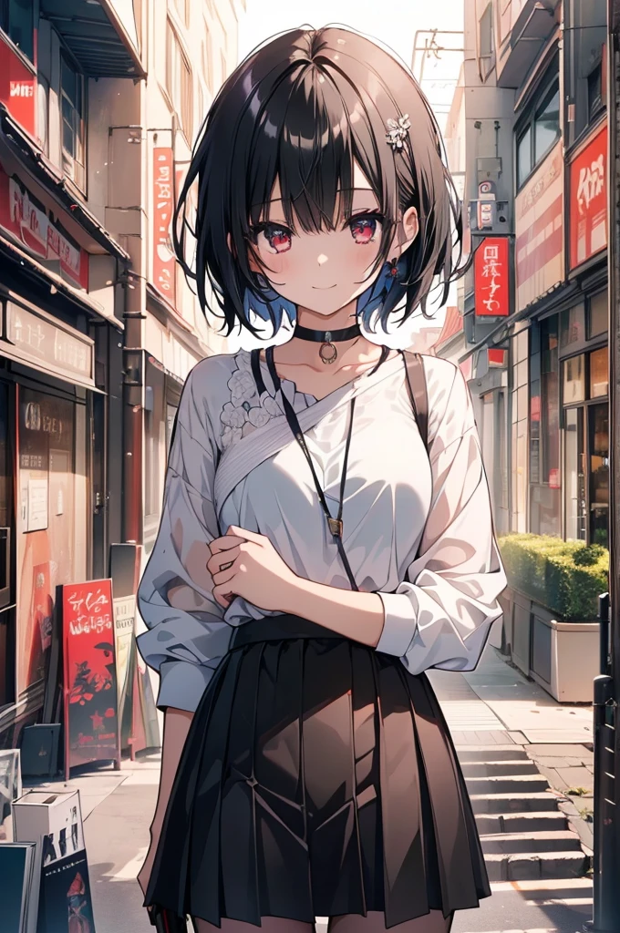 (masterpiece, highest quality, highest quality, (No text), Beautiful and aesthetic:1.2),No text,アニメ、BREAK,One Girl，Black Hair Girl　short hair　older sister　choker　Tree Eyes　Beautiful eyes　Red eyes　cool　smile　Red and Black　Black jacket　mini skirt　whole body　In town