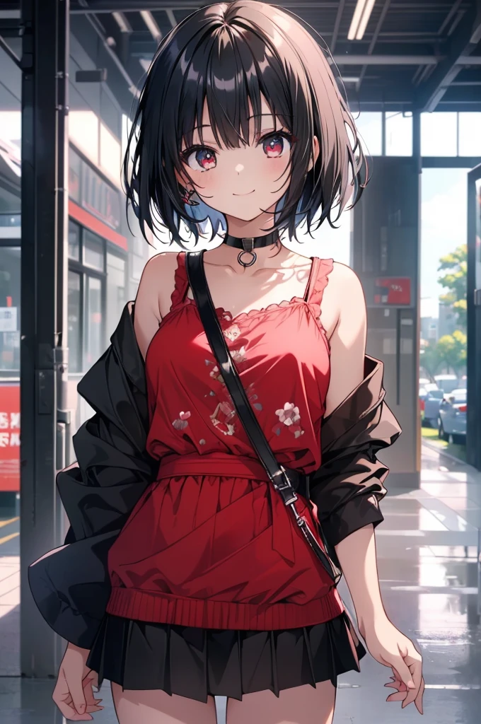 (masterpiece, highest quality, highest quality, (No text), Beautiful and aesthetic:1.2),No text,アニメ、BREAK,One Girl,Black Hair Girl short hair older sister choker Tree Eyes Beautiful eyes Red eyes cool smile Red and Black Black jacket mini skirt whole body In town