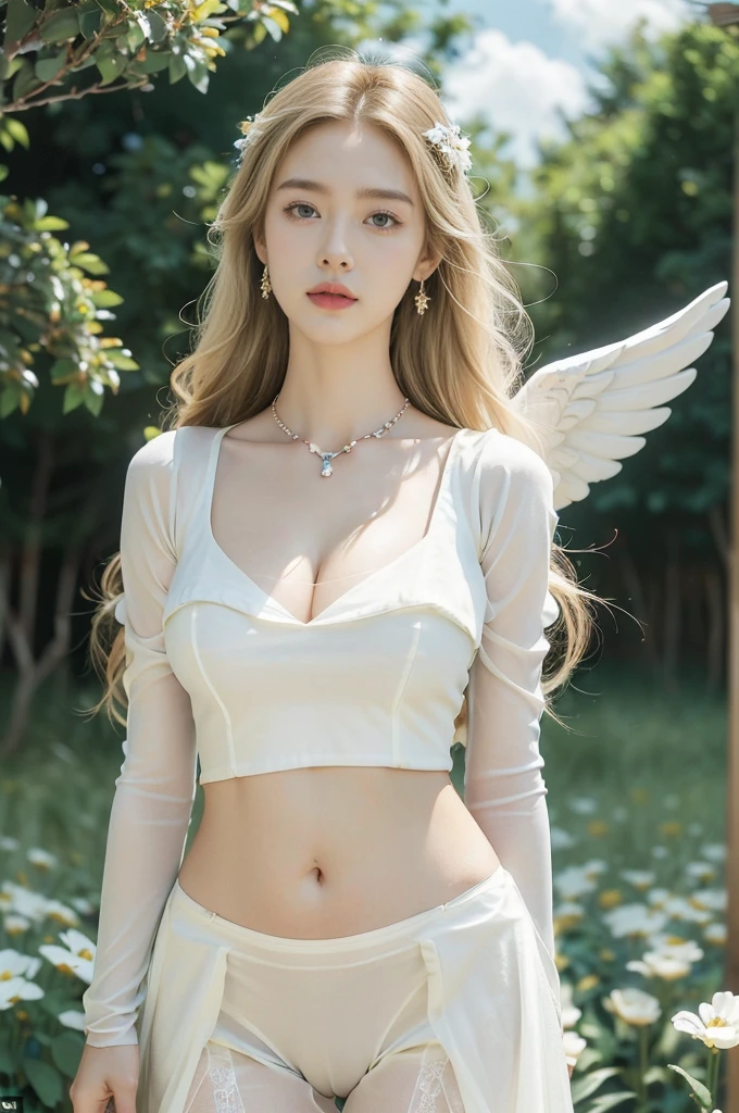 (((best quality))), (((ultra detailed))), (((masterpiece))), illustration,((1 beautiful ,solo,angel)),((fair skin,shoulder length straight blonde hair,blue eyes)),(earrings,crystal necklace),((slim,thin)),(((gigantic breasts,towering chest,cleavage))),joyful expression,(white wings:1.3),(flowing short-sleeved white sheer dress:1.3),((In heaven, garden setting)), vibrant flowers,(colorful flowers:1.3),lush grass, gentle breeze, (clear sky, fluffy clouds, shining sun),((navel)),((from front,standing,upper body,arms behind back)),((pantyhose))