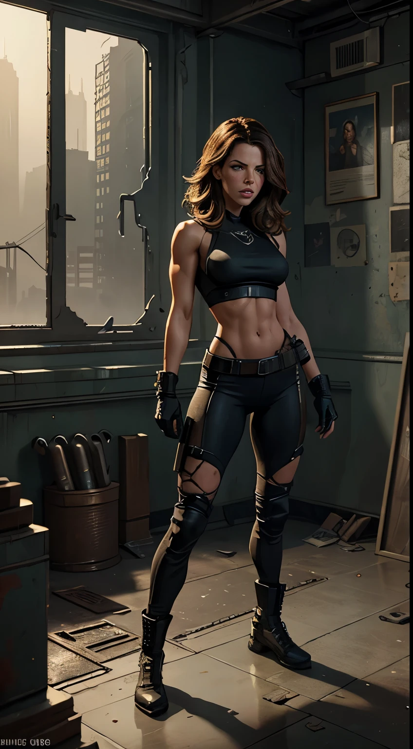 Full body shot, Muscular gym fit, Foto hiperrealista en primer plano de Kate Beckinsale, masterpiece, best quality, (photorealistic:1.4), Create dystopian masterpieces. Depict the cityscape in the gritty style of the game's concept art. This work should evoke a sense of abandonment and despair in a futuristic, post-apocalyptic world. Notice the intricacies of detail, the sharp focus.