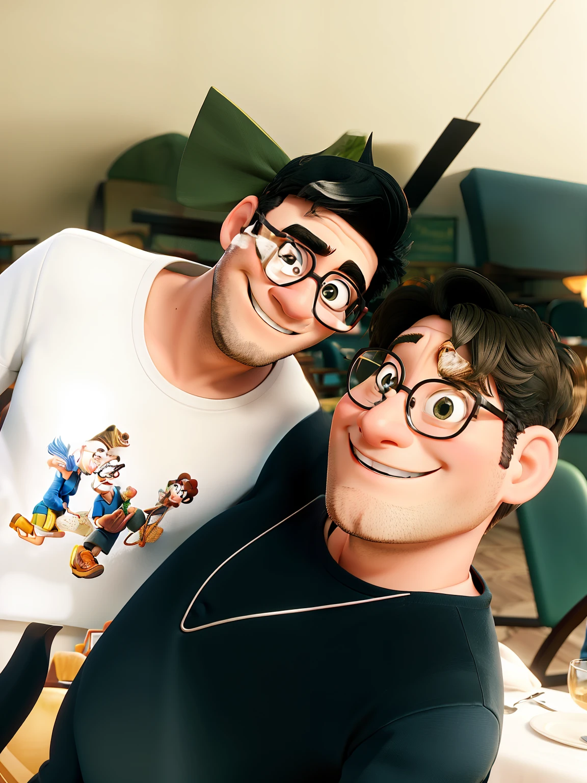 Disney style couple with glasses smiling in restaurant.