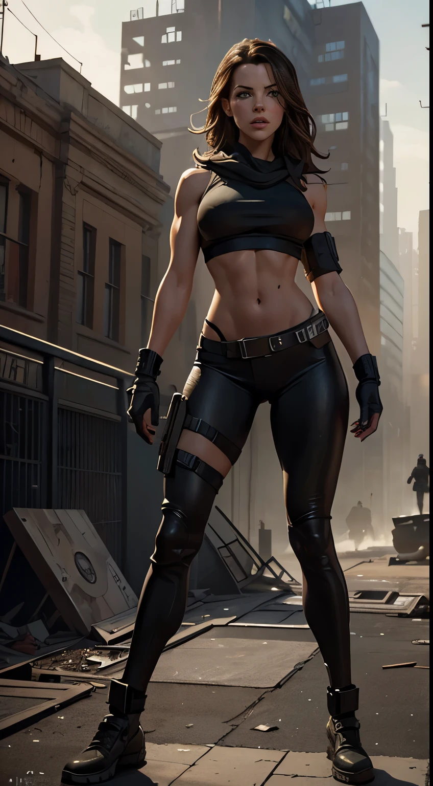 Full body shot, Muscular gym fit, Foto hiperrealista en primer plano de Kate Beckinsale, masterpiece, best quality, (photorealistic:1.4), Create dystopian masterpieces. Depict the cityscape in the gritty style of the game's concept art. This work should evoke a sense of abandonment and despair in a futuristic, post-apocalyptic world. Notice the intricacies of detail, the sharp focus.