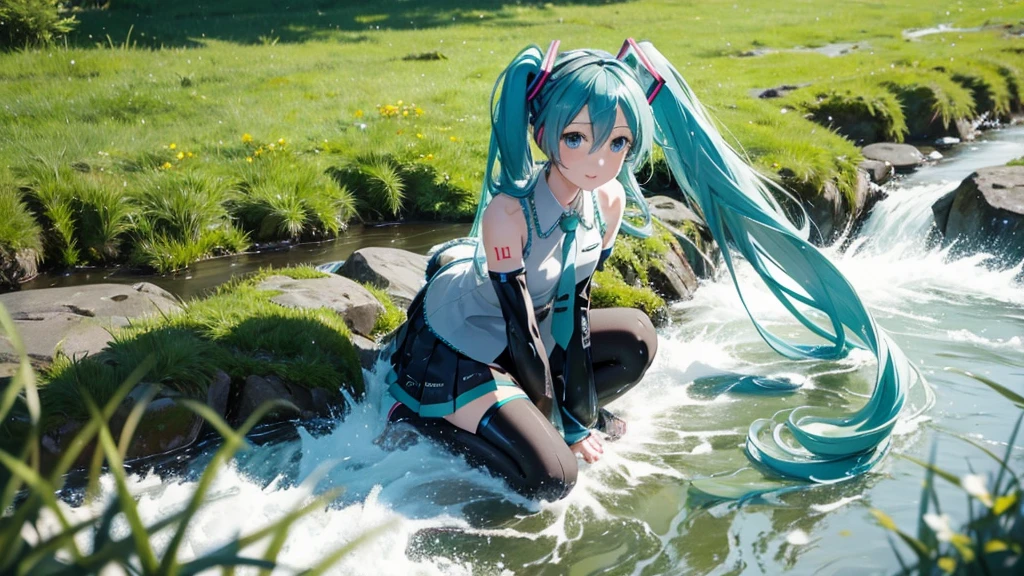 There is Hatsune Miku with Irish grass and river in the background.。