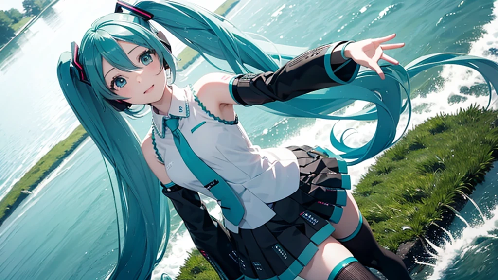There is Hatsune Miku with Irish grass and river in the background.。