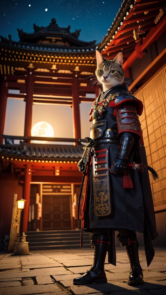 Anthropomorphic Cat in full samurai armour, photorealistic, standing in front of a temple, in the moonlight, view from below looking up