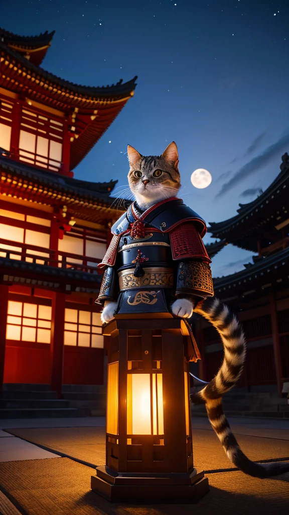 Anthropomorphic Cat in full samurai armour, photorealistic, standing in front of a temple, in the moonlight, view from below looking up