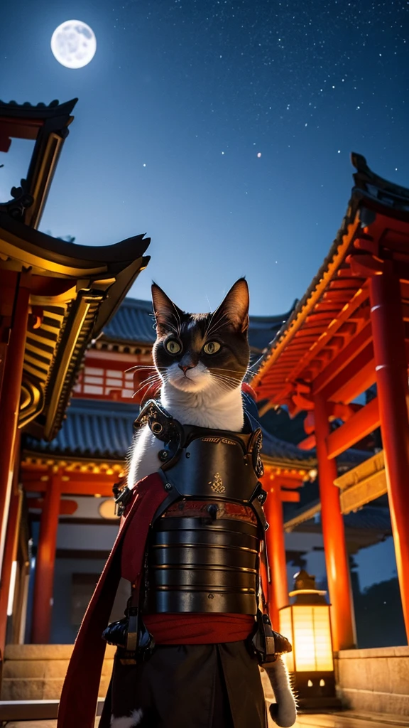 Anthropomorphic Cat in full samurai armour, photorealistic, standing in front of a temple, in the moonlight, view from below looking up