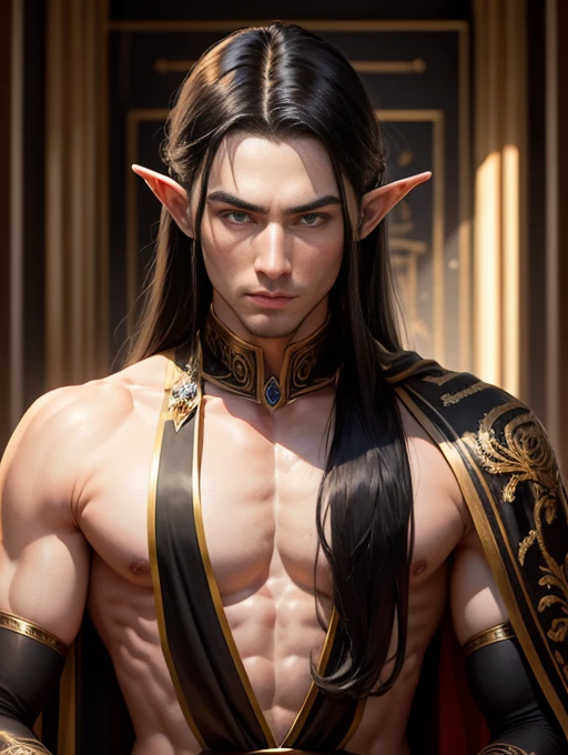 male elf, 30 year old, long black hair, beautiful face, rosto liso, symmetrical chin, serious expression, muscled body, silk clothing, crown on head, Royal Palace.