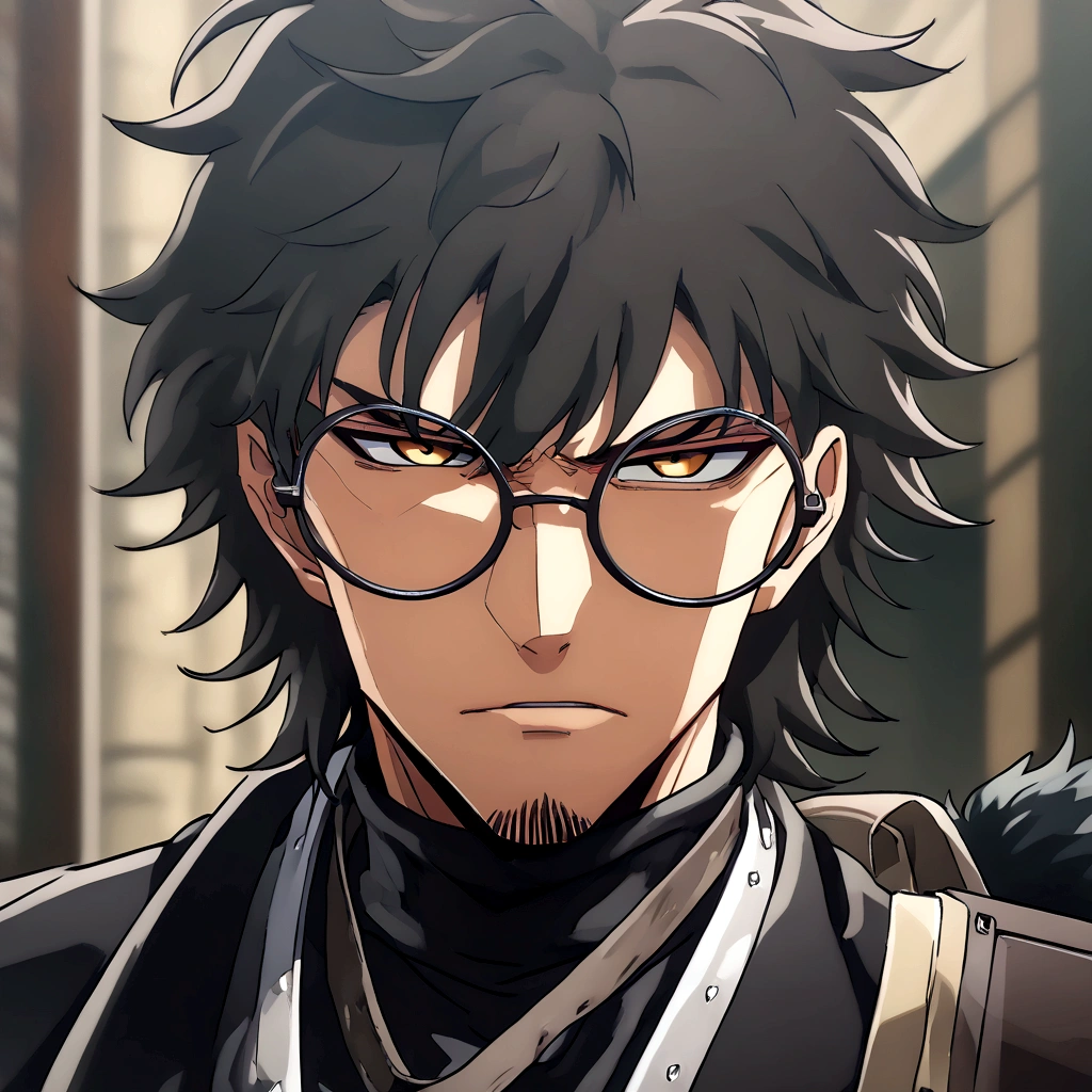 Anime man, shaved beard, serious face, black fluffy messy hair, black suit, cool, ((best quality)), black scarf, black waist straps, Fanny pack across shoulder, circle glasses, holding a revolver, black turtleneck collar