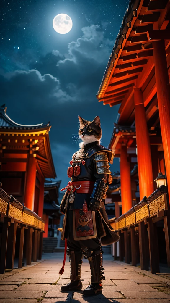 Anthropomorphic Cat in full samurai armour, photorealistic, standing in front of a temple, in the moonlight, view from below looking up