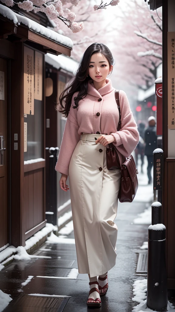 Beautiful young woman, realistic image Living with the aesthetics, atmosphere, strolling around the Japanese city. There are cherry blossoms and snow. Wide viewing angle